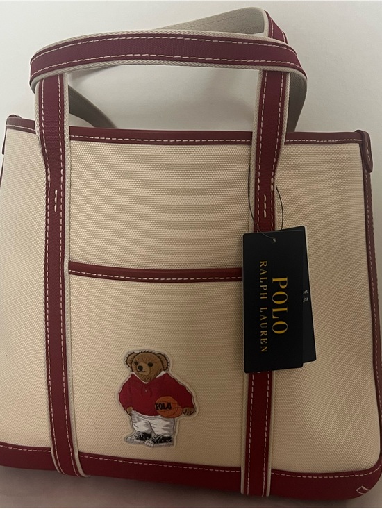 Polo Ralph Lauren Handbags - Polo Ralph Lauren Canvas Tote Bag with Polo Bear Patch – Cream & Burgundy (NWT)